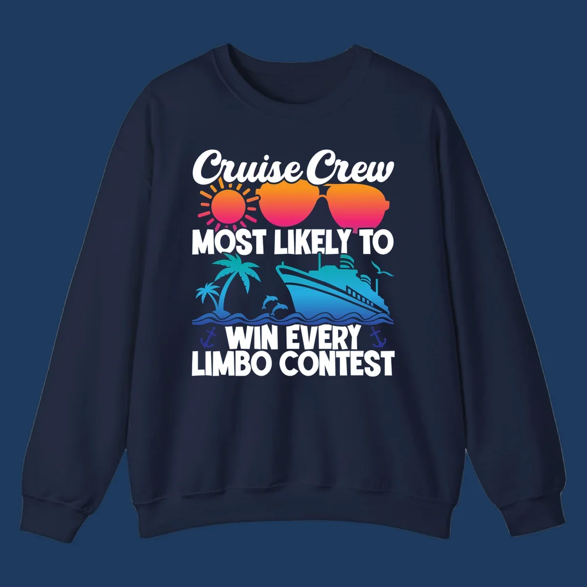 Cruise crew limbo contest design with colorful sun, sunglasses, palm trees, cruise ship, and ocean waves on gray background