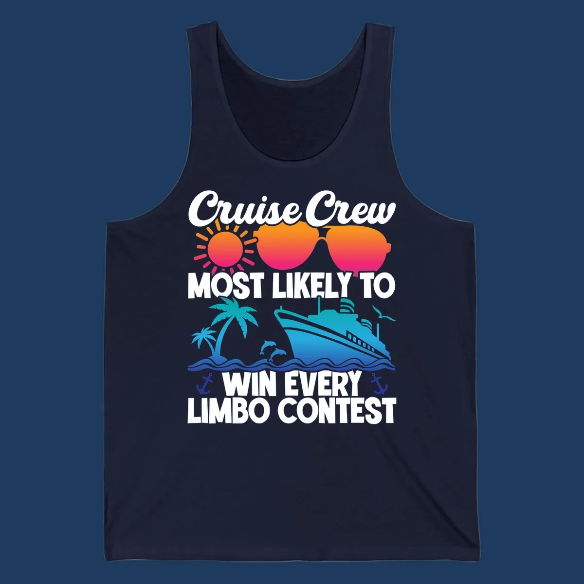 Cruise crew limbo contest design with colorful sun, sunglasses, palm trees, cruise ship, and ocean waves on gray background