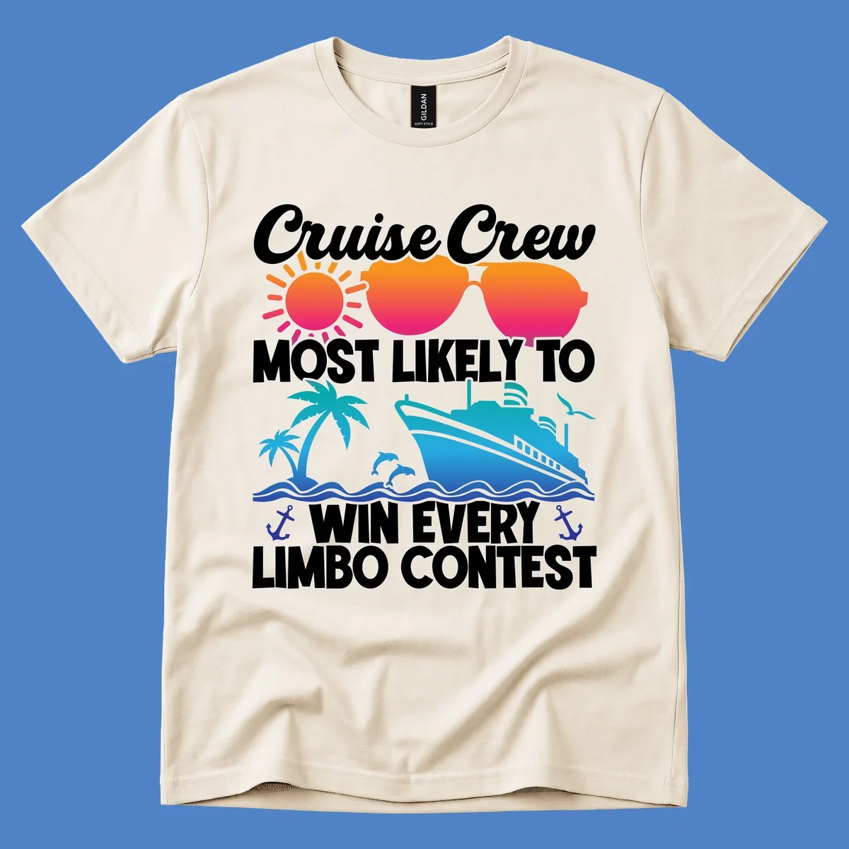Cruise crew limbo contest design with colorful sun, sunglasses, palm trees, cruise ship, and ocean waves on gray background