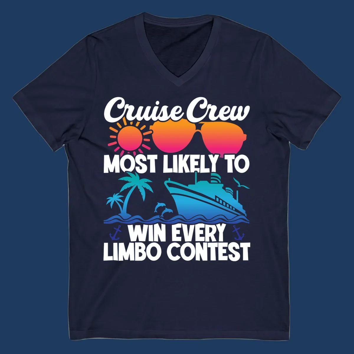 Cruise crew limbo contest design with colorful sun, sunglasses, palm trees, cruise ship, and ocean waves on gray background
