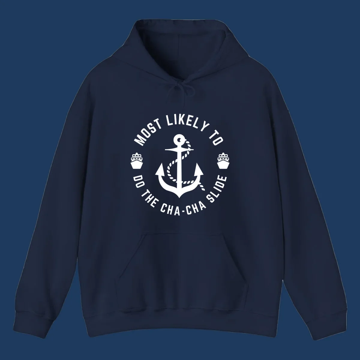 Nautical anchor badge with 'Most Likely To Do The Cha-Cha Slide' text and ship icons, white on gray background