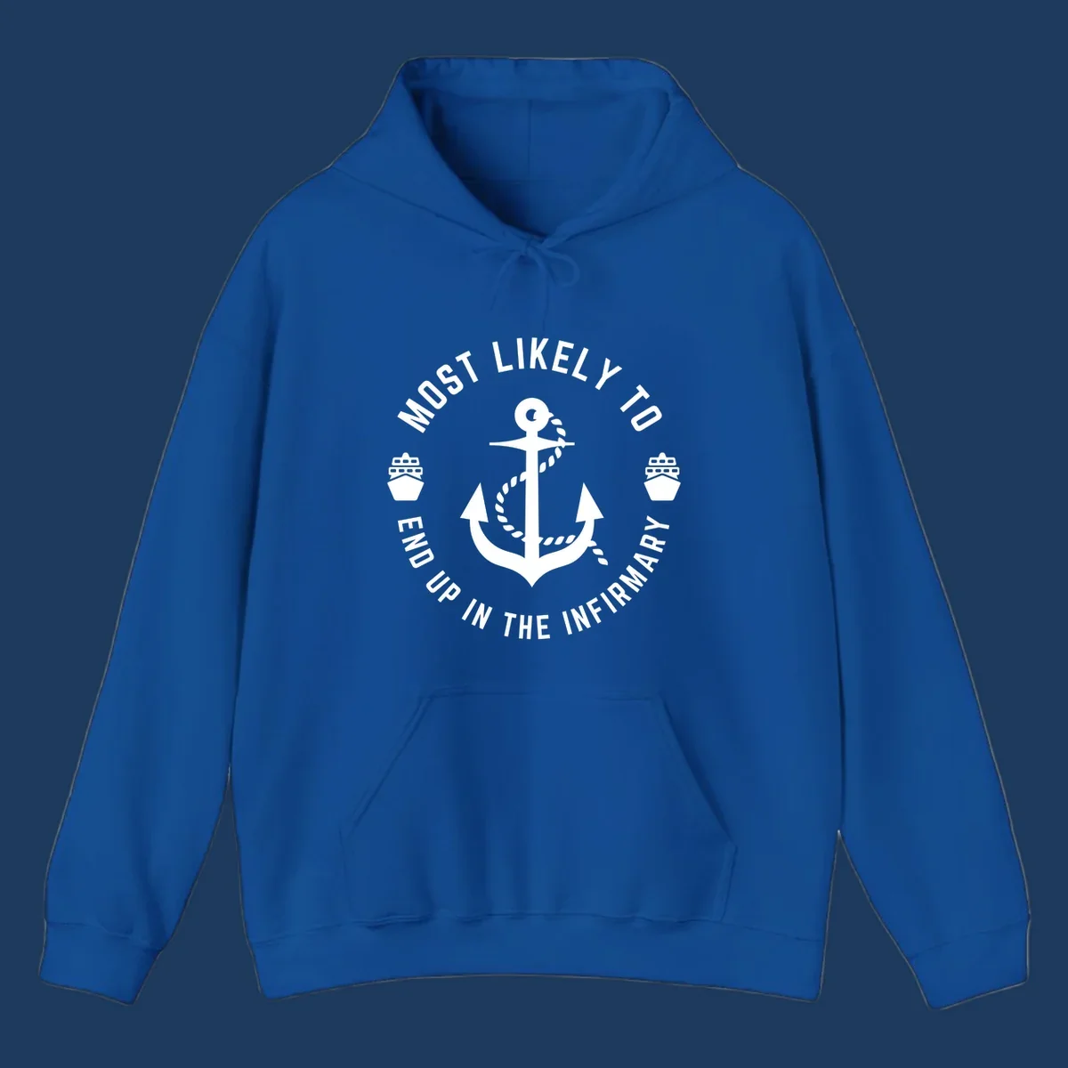 Nautical badge design with anchor and ships featuring text 'Most Likely To End Up In The Infirmary' for cruise humor shirt