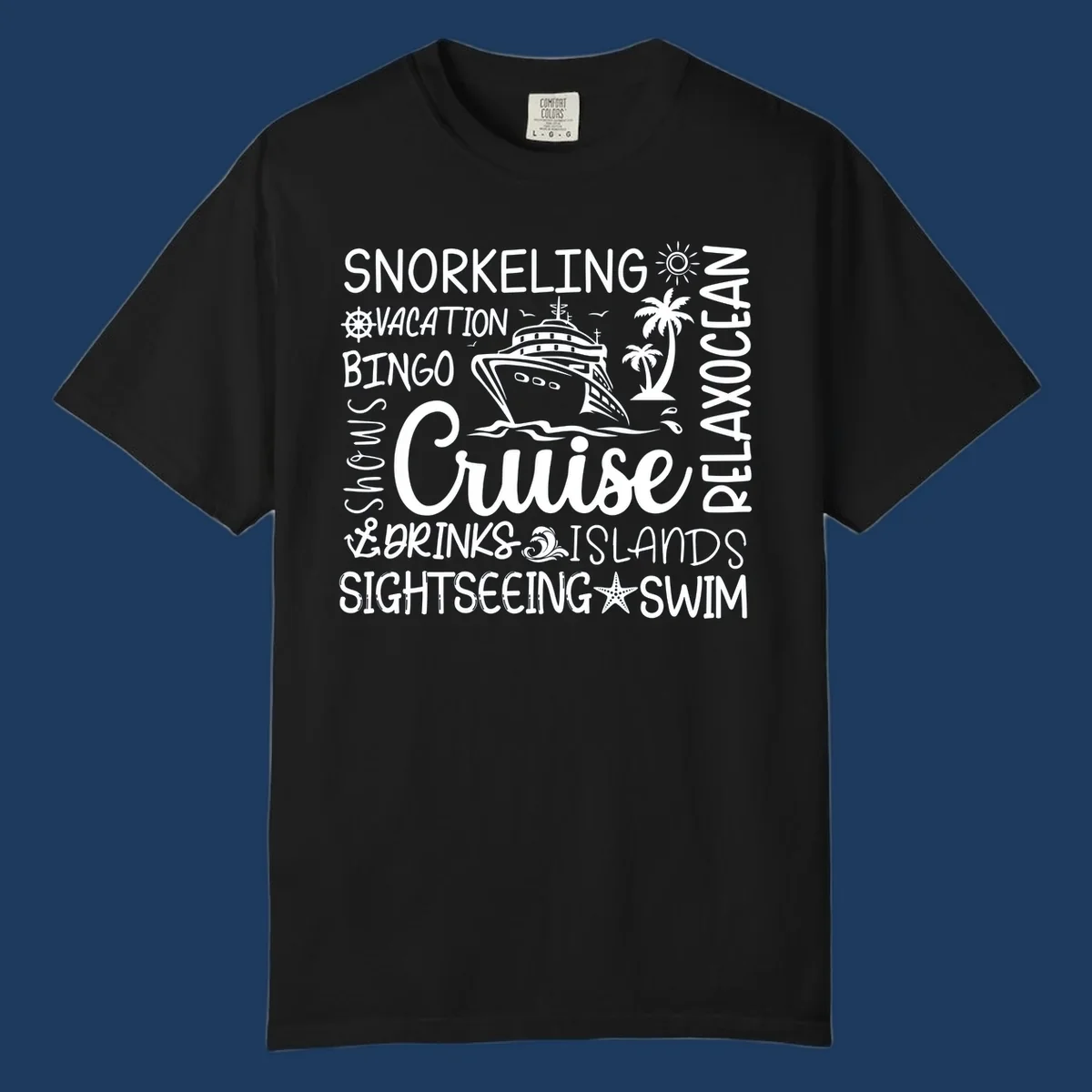 Cruise vacation word cloud design featuring a ship, palm trees, and travel-themed words like snorkeling, drinks, and islands on gray background