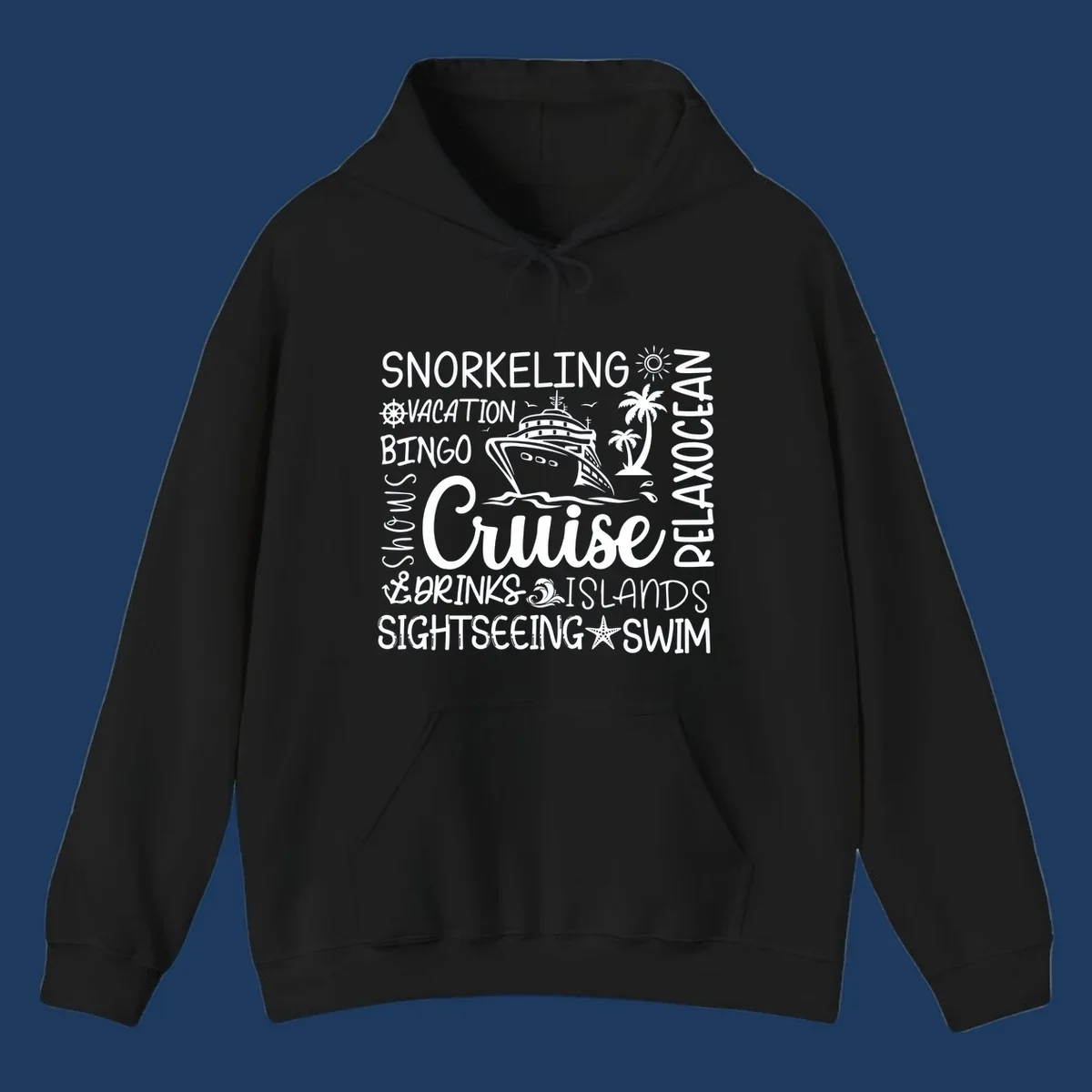 Cruise vacation word cloud design featuring a ship, palm trees, and travel-themed words like snorkeling, drinks, and islands on gray background