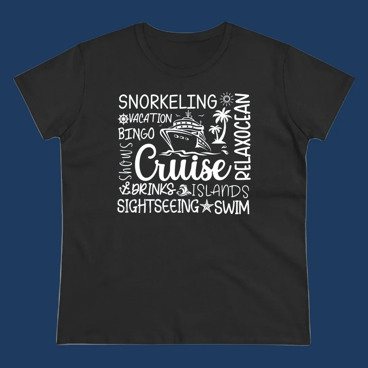 Cruise vacation word cloud design featuring a ship, palm trees, and travel-themed words like snorkeling, drinks, and islands on gray background