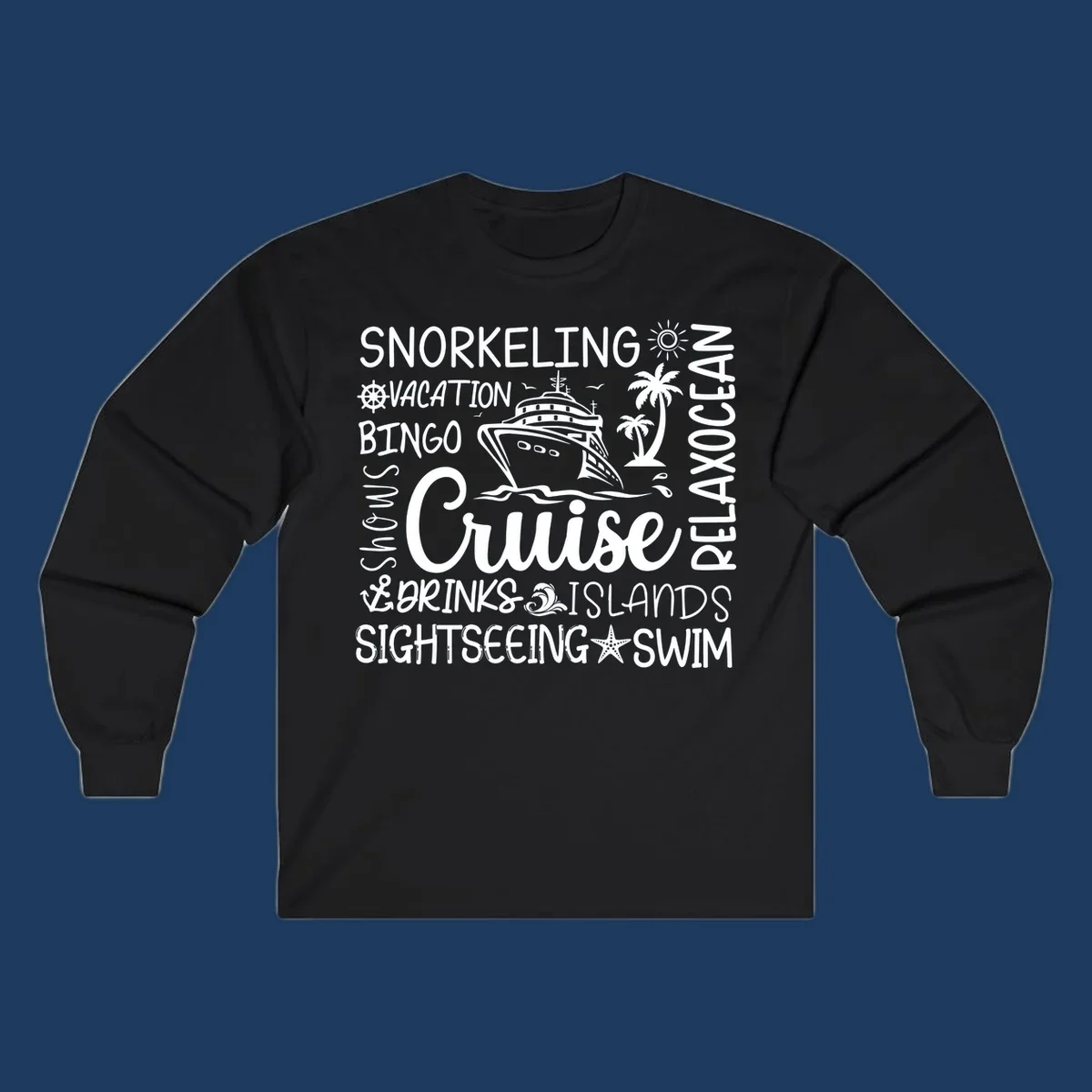Cruise vacation word cloud design featuring a ship, palm trees, and travel-themed words like snorkeling, drinks, and islands on gray background
