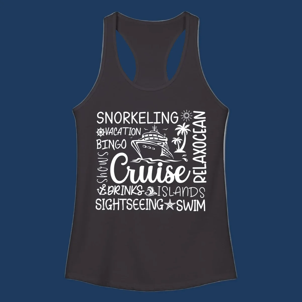 Cruise vacation word cloud design featuring a ship, palm trees, and travel-themed words like snorkeling, drinks, and islands on gray background