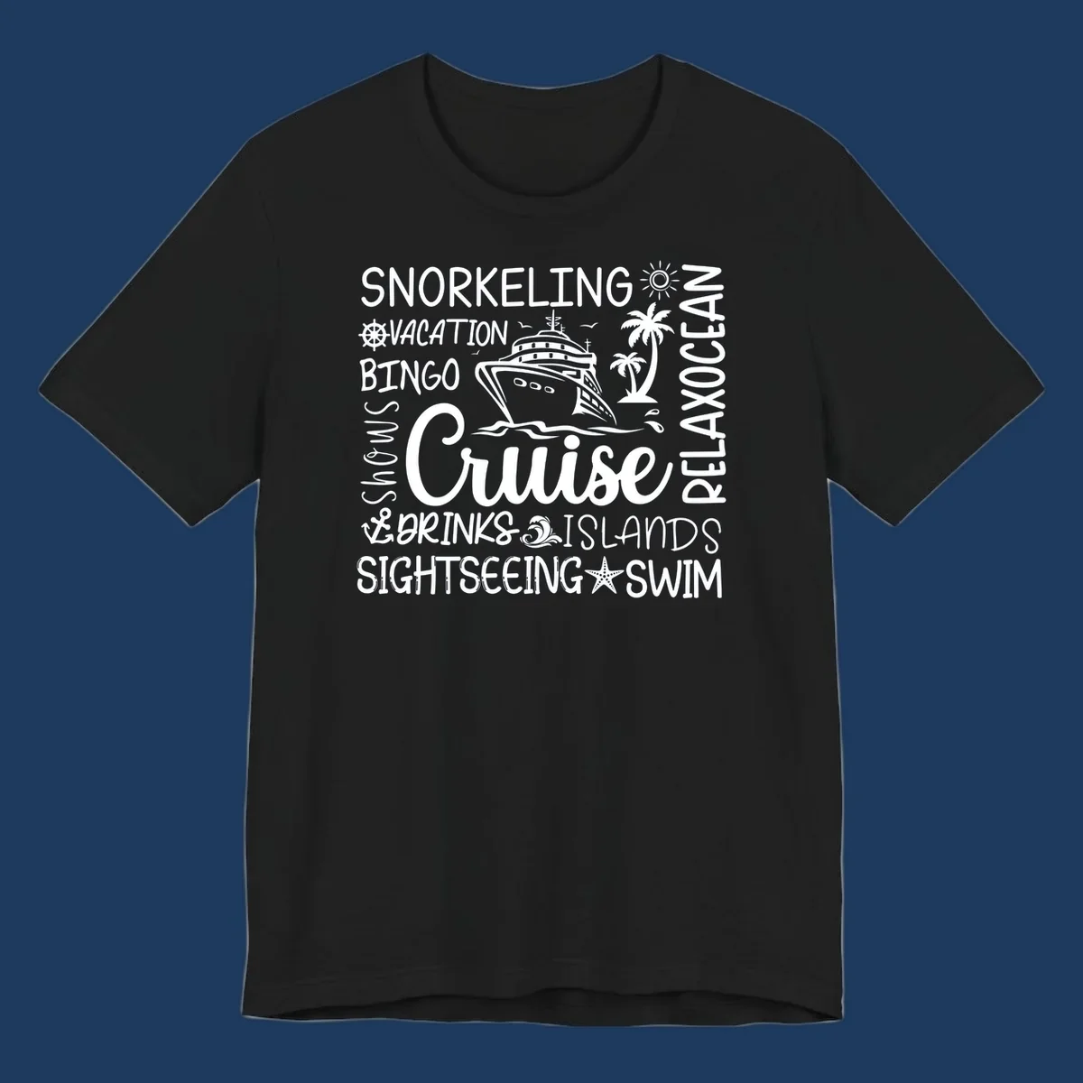 Cruise vacation word cloud design featuring a ship, palm trees, and travel-themed words like snorkeling, drinks, and islands on gray background
