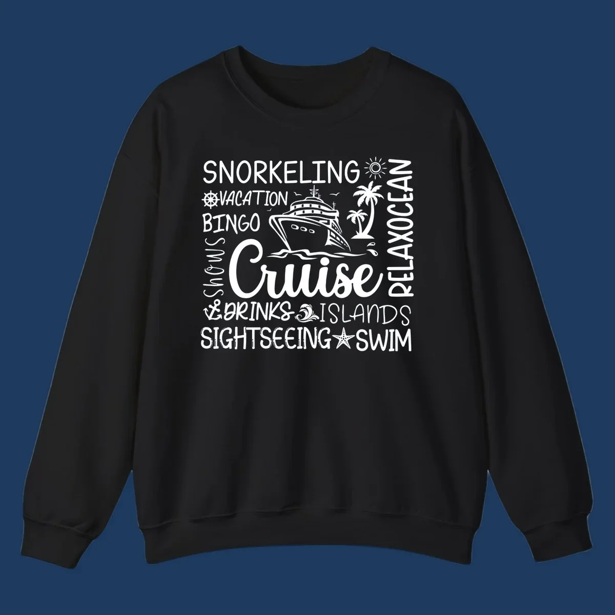 Cruise vacation word cloud design featuring a ship, palm trees, and travel-themed words like snorkeling, drinks, and islands on gray background