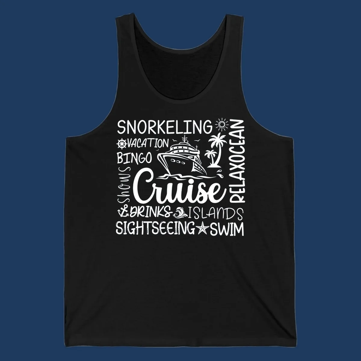 Cruise vacation word cloud design featuring a ship, palm trees, and travel-themed words like snorkeling, drinks, and islands on gray background