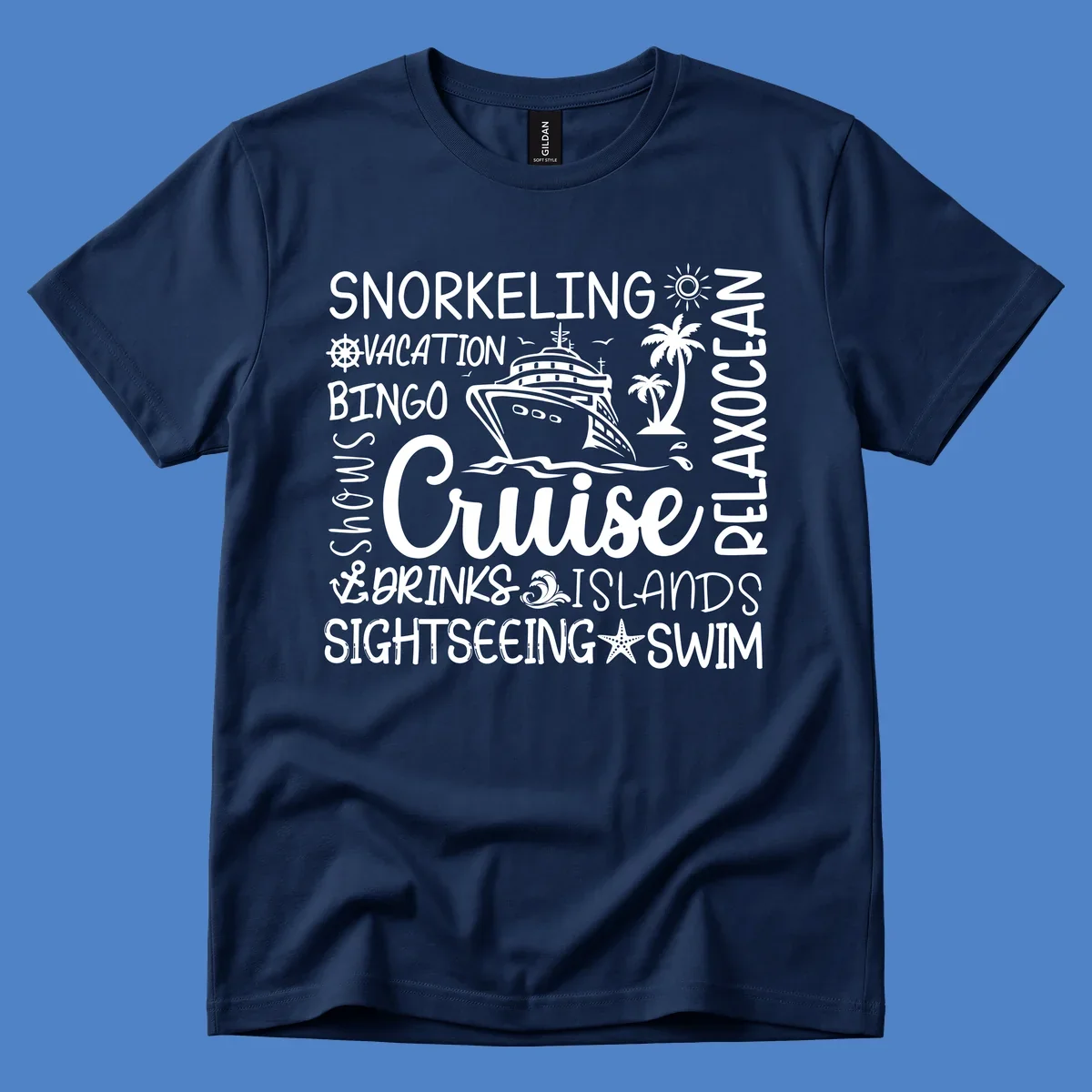 Cruise vacation word cloud design featuring a ship, palm trees, and travel-themed words like snorkeling, drinks, and islands on gray background