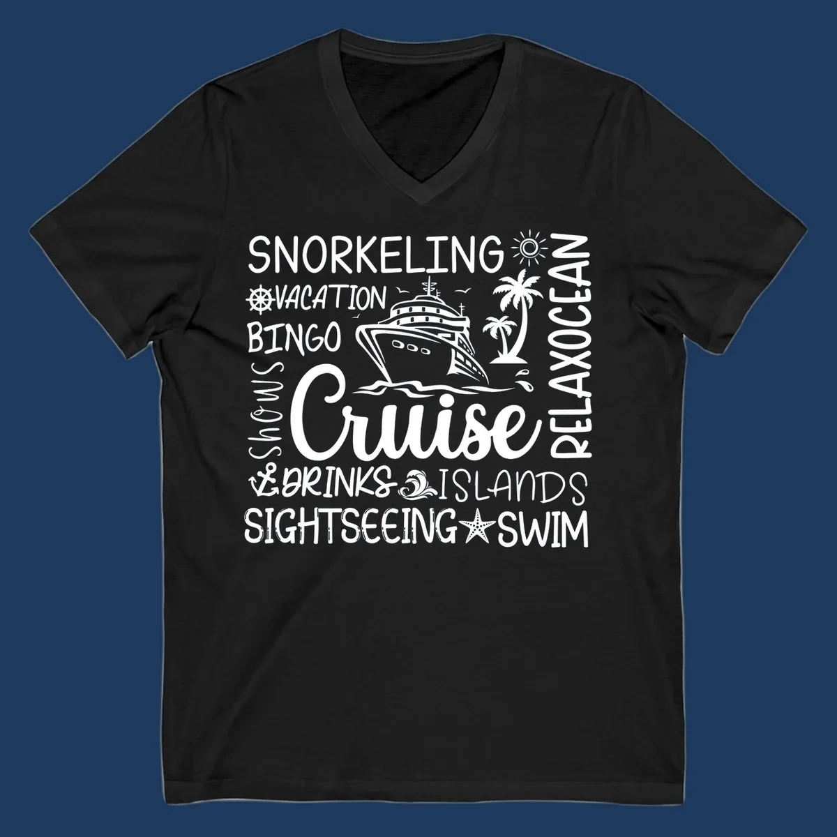 Cruise vacation word cloud design featuring a ship, palm trees, and travel-themed words like snorkeling, drinks, and islands on gray background