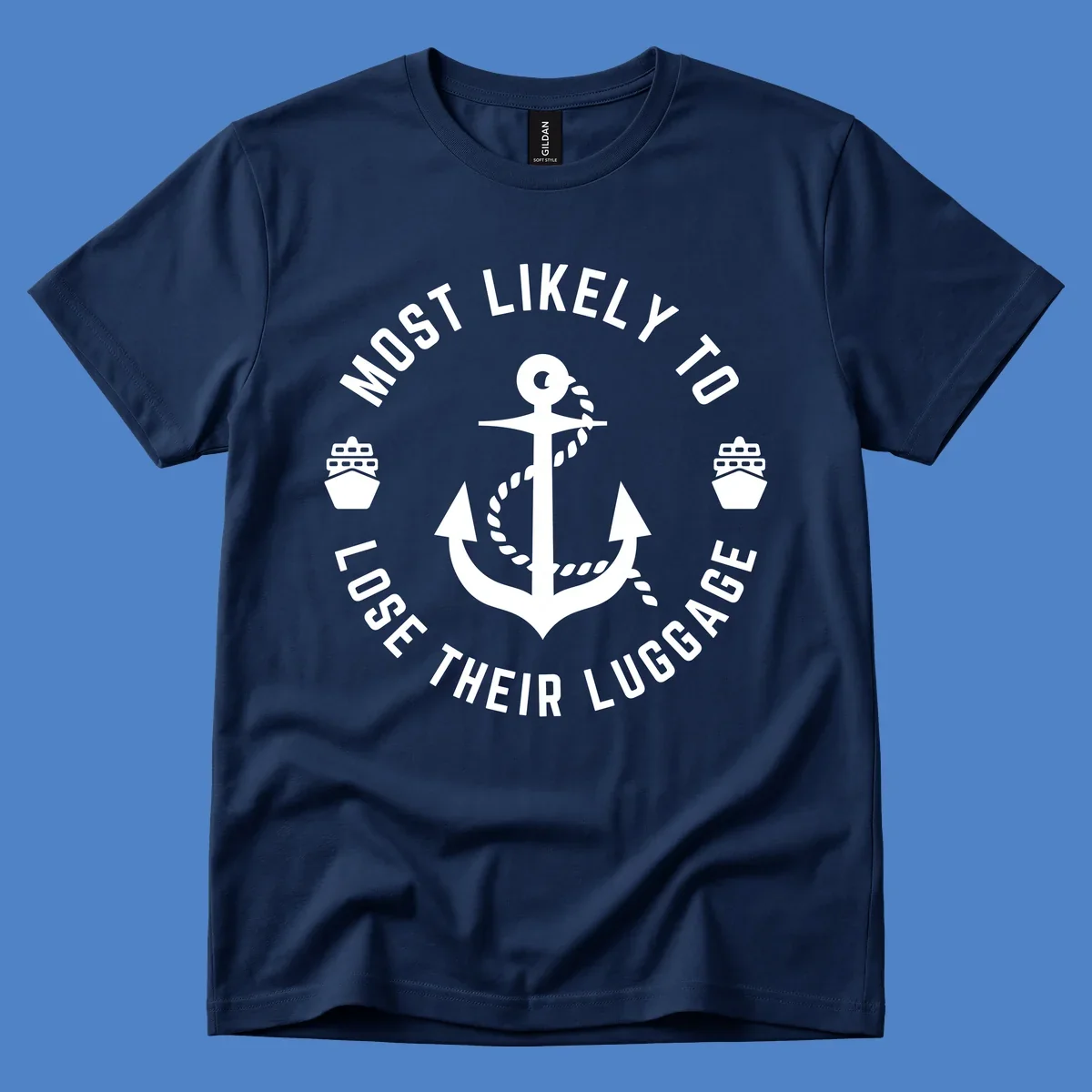 Circular nautical badge with anchor and rope design featuring 'Most Likely To Lose Their Luggage' text with ship icons