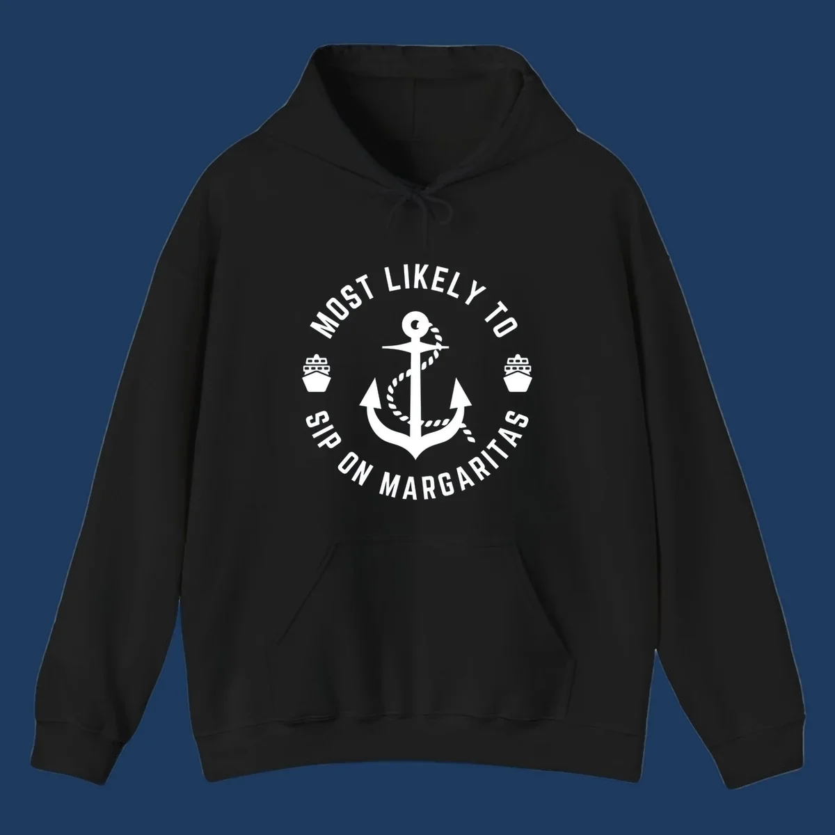 Circular nautical badge with anchor, rope, and cruise ships featuring text 'Most Likely To Ship On Margaritas' in white on gray background