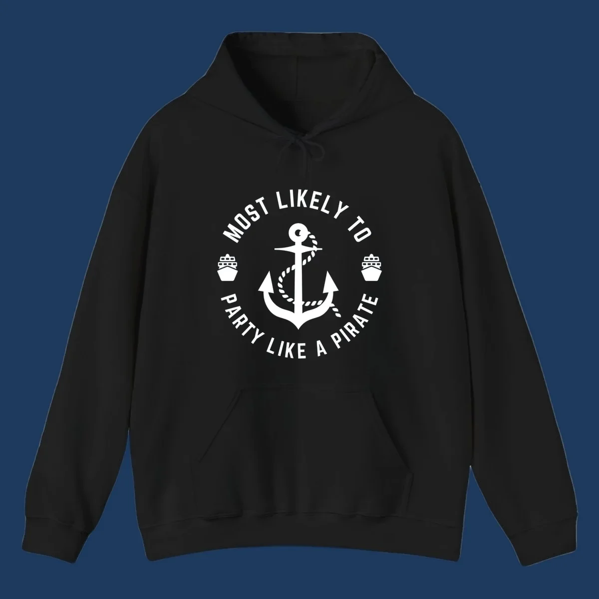 Circular badge design with anchor and rope, ship icons, text reading 'Most Likely To Party Like A Pirate' around the border