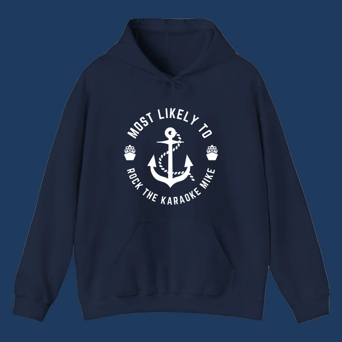 White anchor with rope and ship icons surrounded by text reading 'Most Likely To Rock The Karaoke Mike' on gray background