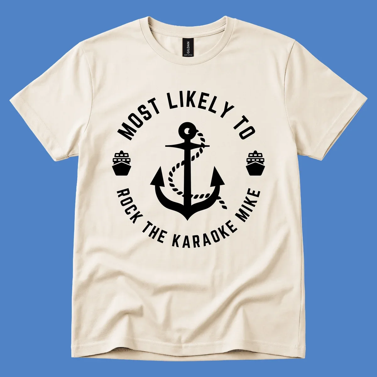 White anchor with rope and ship icons surrounded by text reading 'Most Likely To Rock The Karaoke Mike' on gray background