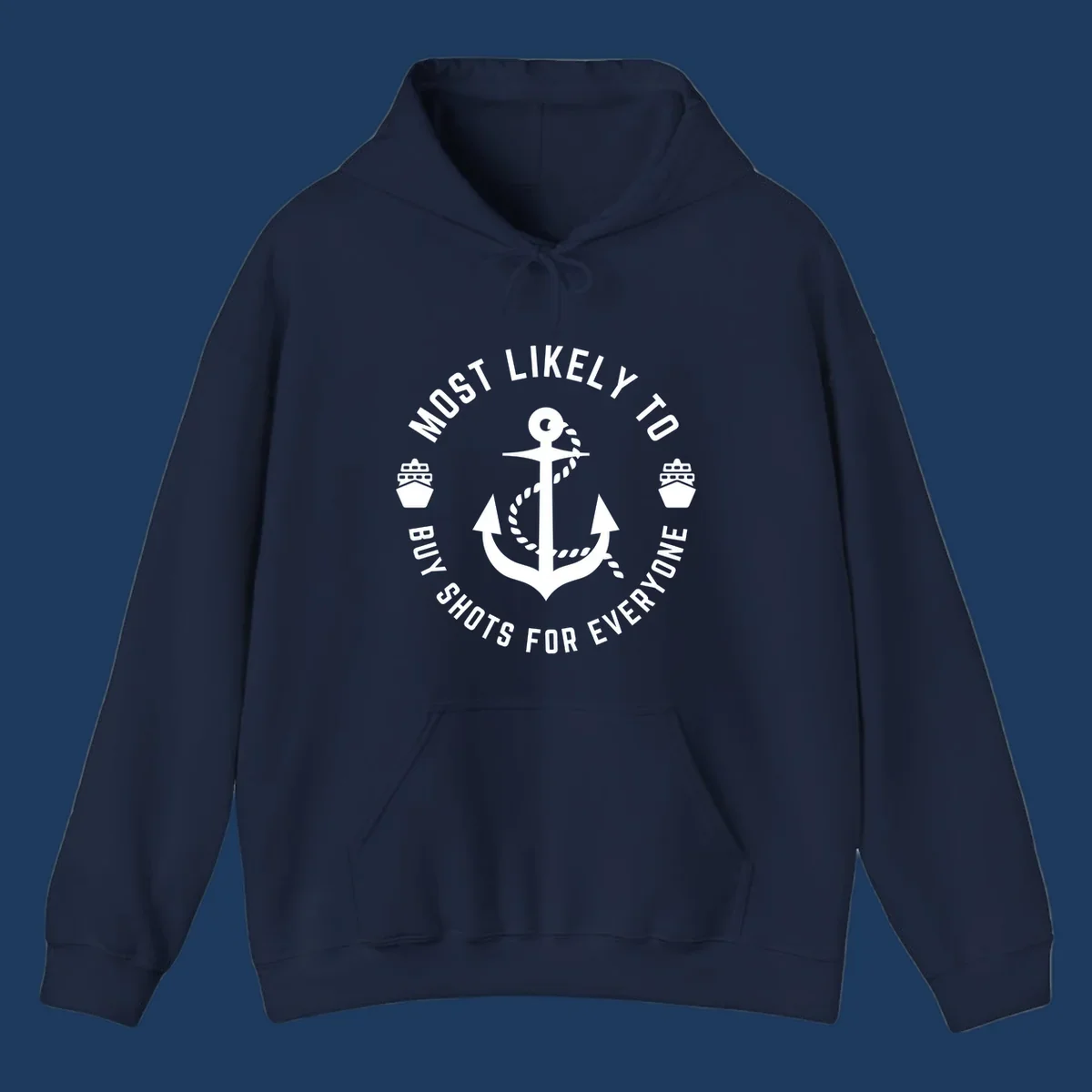 Circular nautical badge with anchor and ships showing 'Most Likely To Buy Shots For Everyone' superlative text