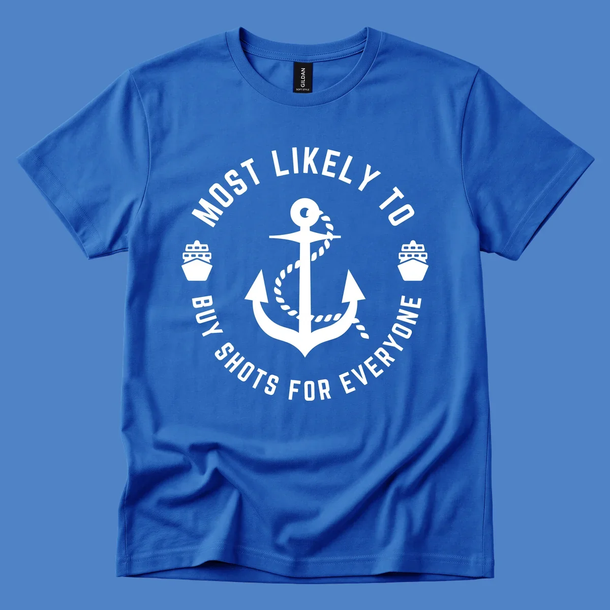 Circular nautical badge with anchor and ships showing 'Most Likely To Buy Shots For Everyone' superlative text
