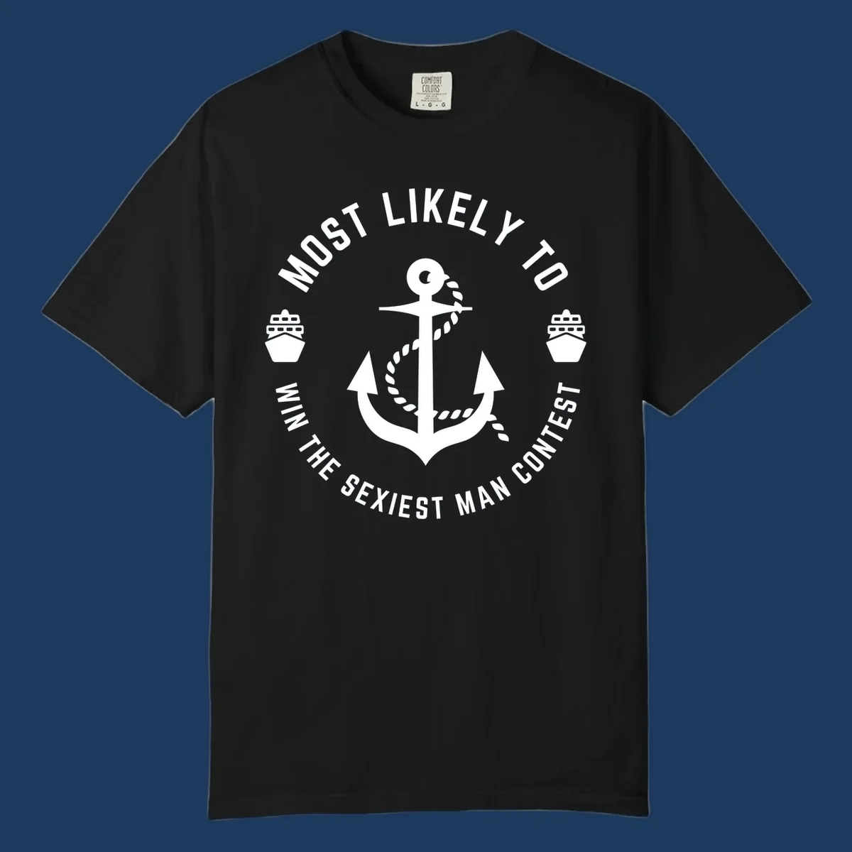 Sexiest man cruise award badge with anchor, rope, and ships in nautical style white illustration