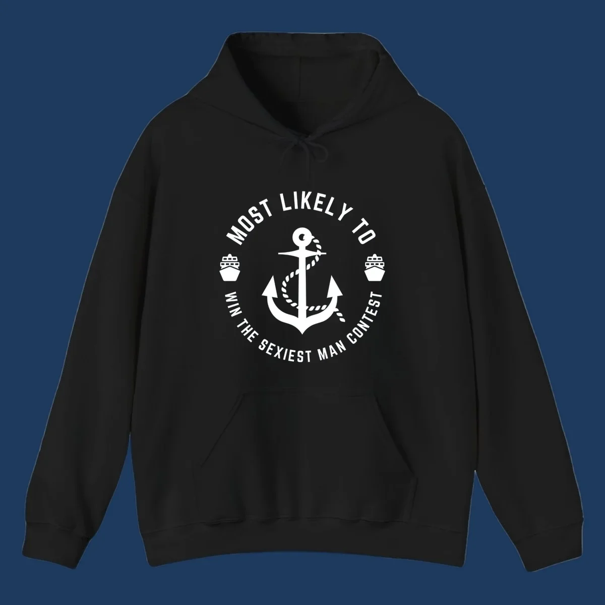 Sexiest man cruise award badge with anchor, rope, and ships in nautical style white illustration
