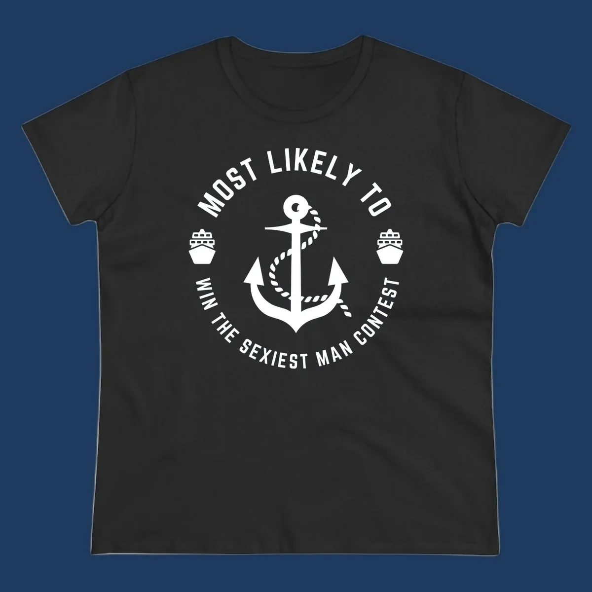 Sexiest man cruise award badge with anchor, rope, and ships in nautical style white illustration