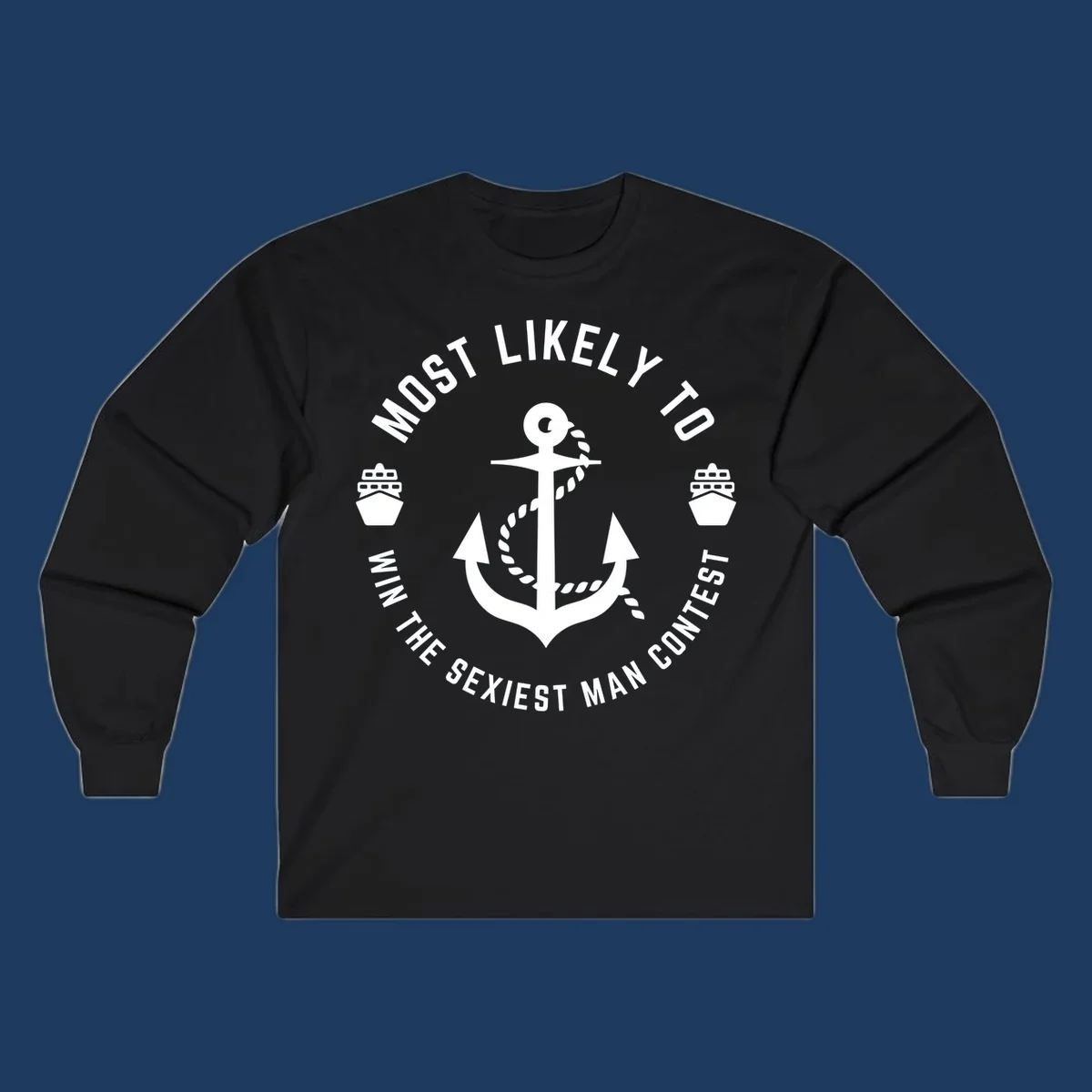 Sexiest man cruise award badge with anchor, rope, and ships in nautical style white illustration