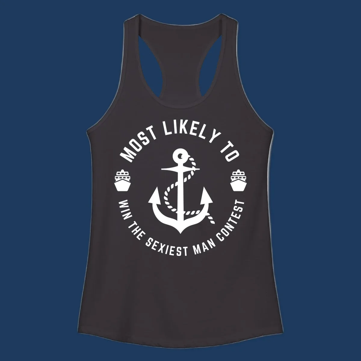 Sexiest man cruise award badge with anchor, rope, and ships in nautical style white illustration