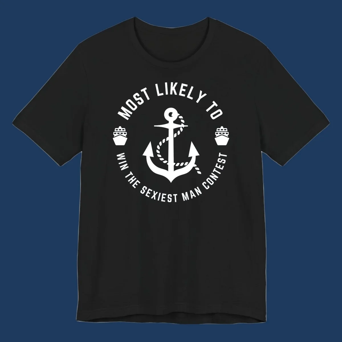 Sexiest man cruise award badge with anchor, rope, and ships in nautical style white illustration