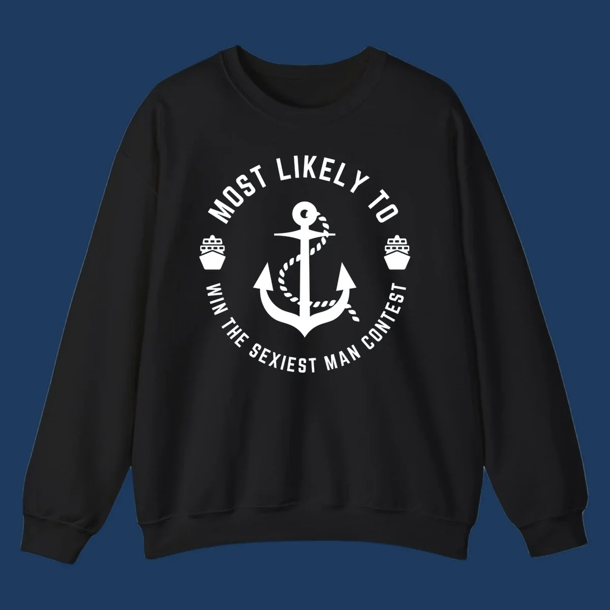 Sexiest man cruise award badge with anchor, rope, and ships in nautical style white illustration