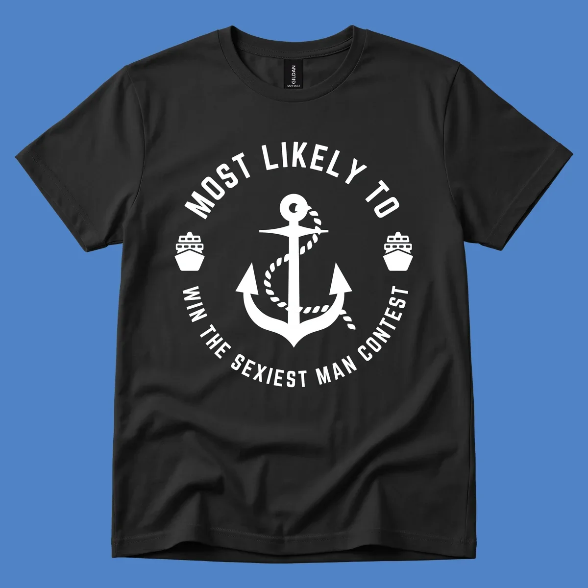 Sexiest man cruise award badge with anchor, rope, and ships in nautical style white illustration