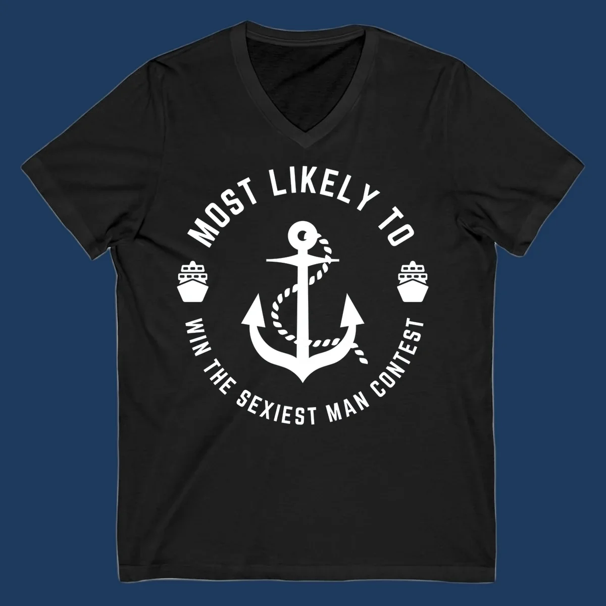 Sexiest man cruise award badge with anchor, rope, and ships in nautical style white illustration