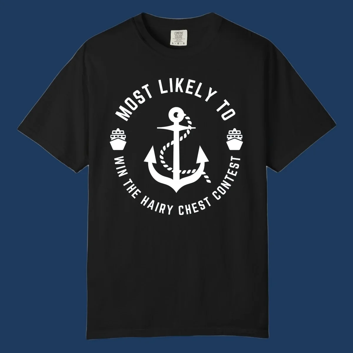White anchor with rope and ships in circular badge design with hairy chest contest text