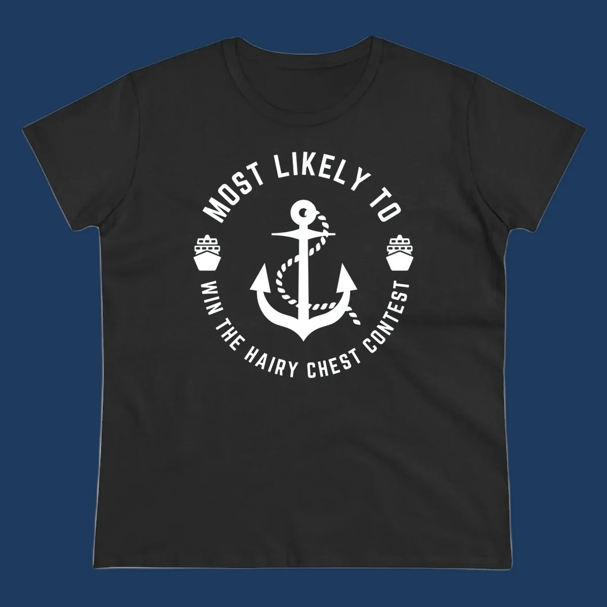 White anchor with rope and ships in circular badge design with hairy chest contest text