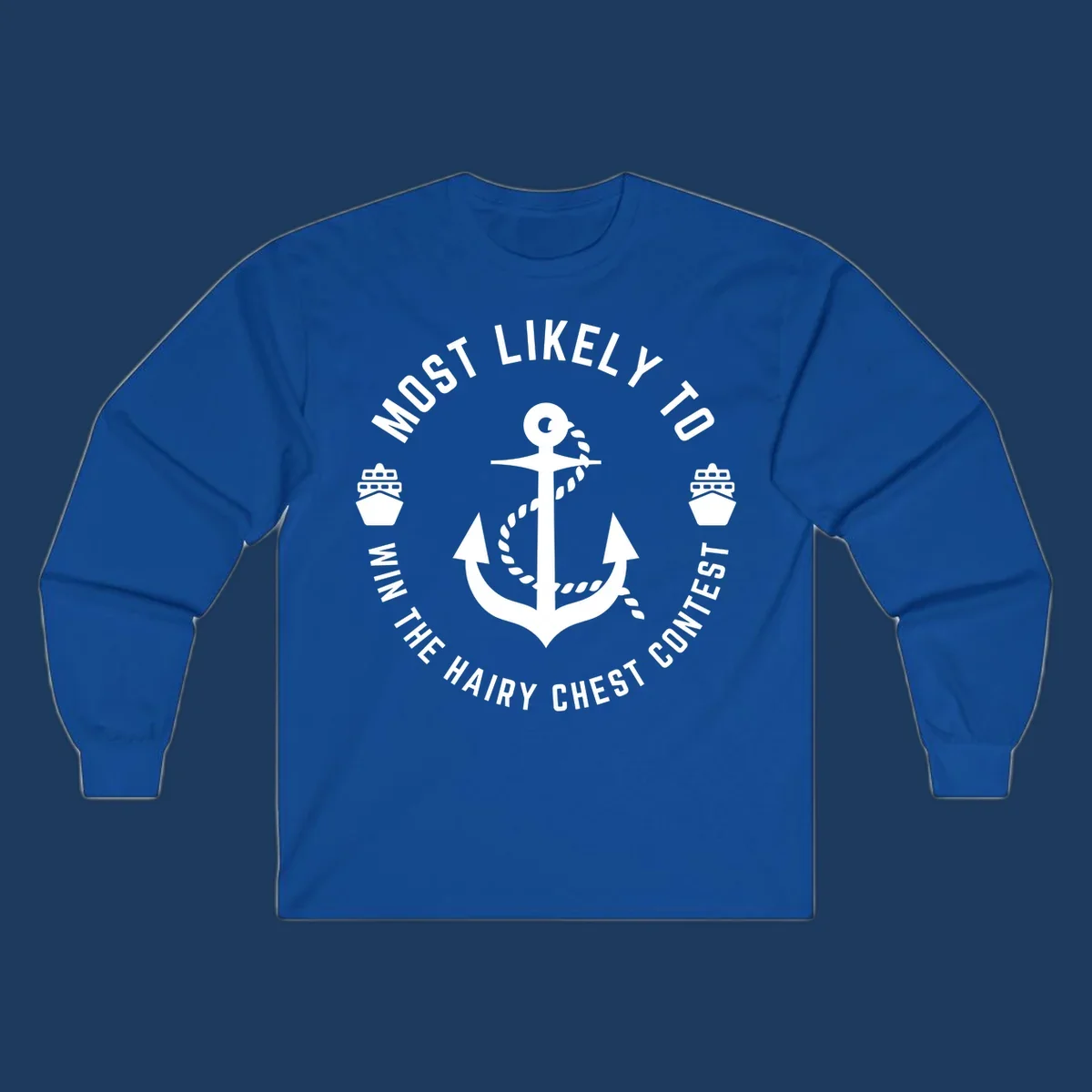 White anchor with rope and ships in circular badge design with hairy chest contest text