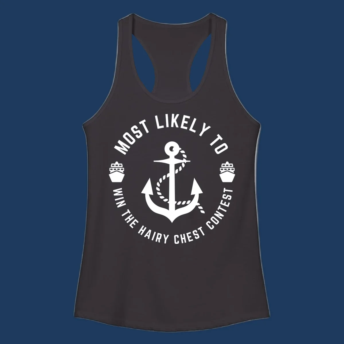 White anchor with rope and ships in circular badge design with hairy chest contest text
