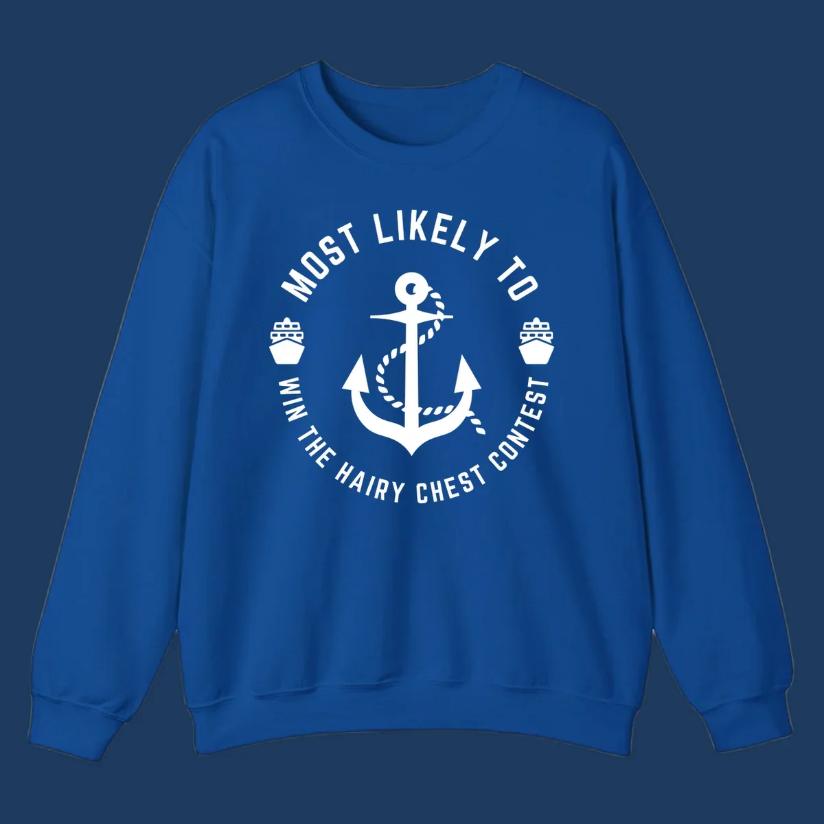 White anchor with rope and ships in circular badge design with hairy chest contest text