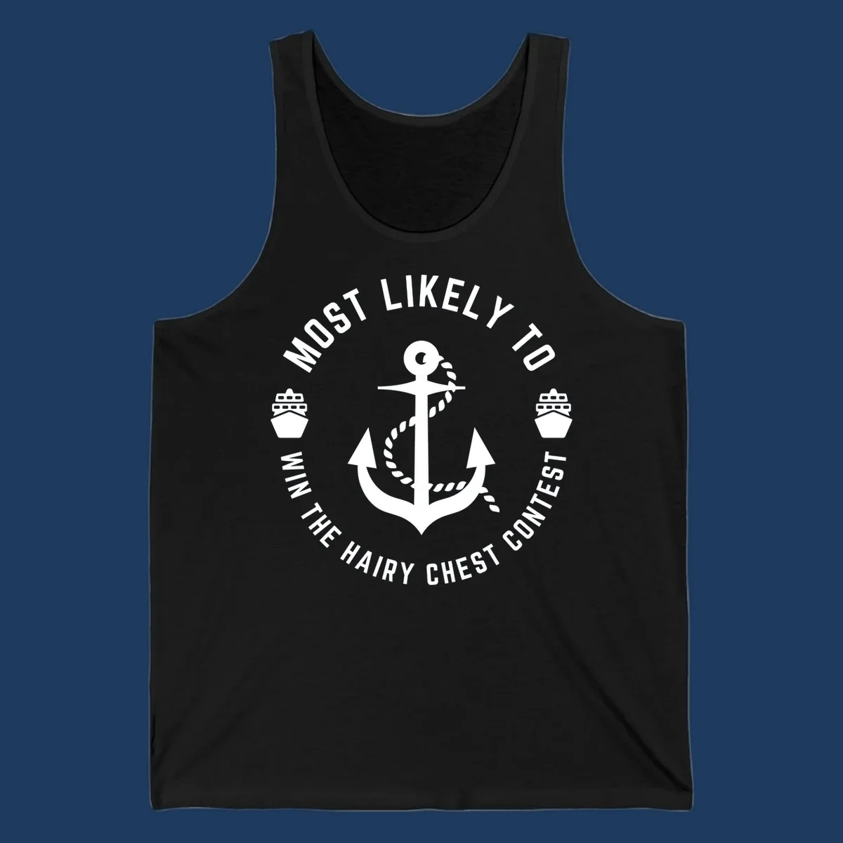 White anchor with rope and ships in circular badge design with hairy chest contest text