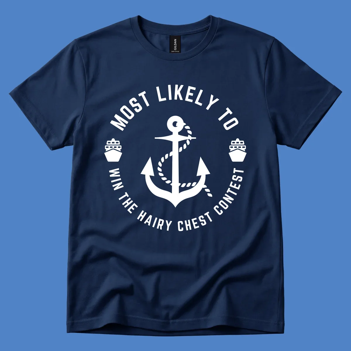 White anchor with rope and ships in circular badge design with hairy chest contest text