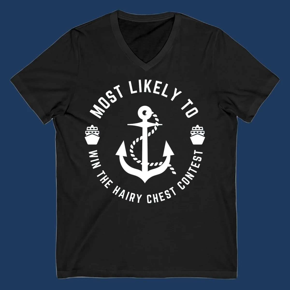 White anchor with rope and ships in circular badge design with hairy chest contest text