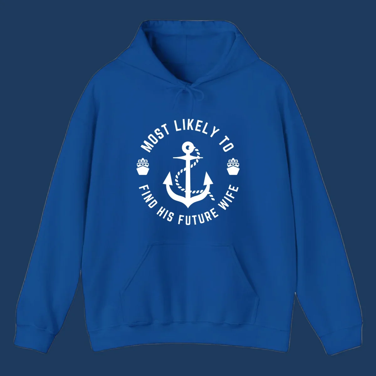 Anchor with rope and ship icons in circular badge design with text 'Most Likely To Find His Future Where' for cruise apparel