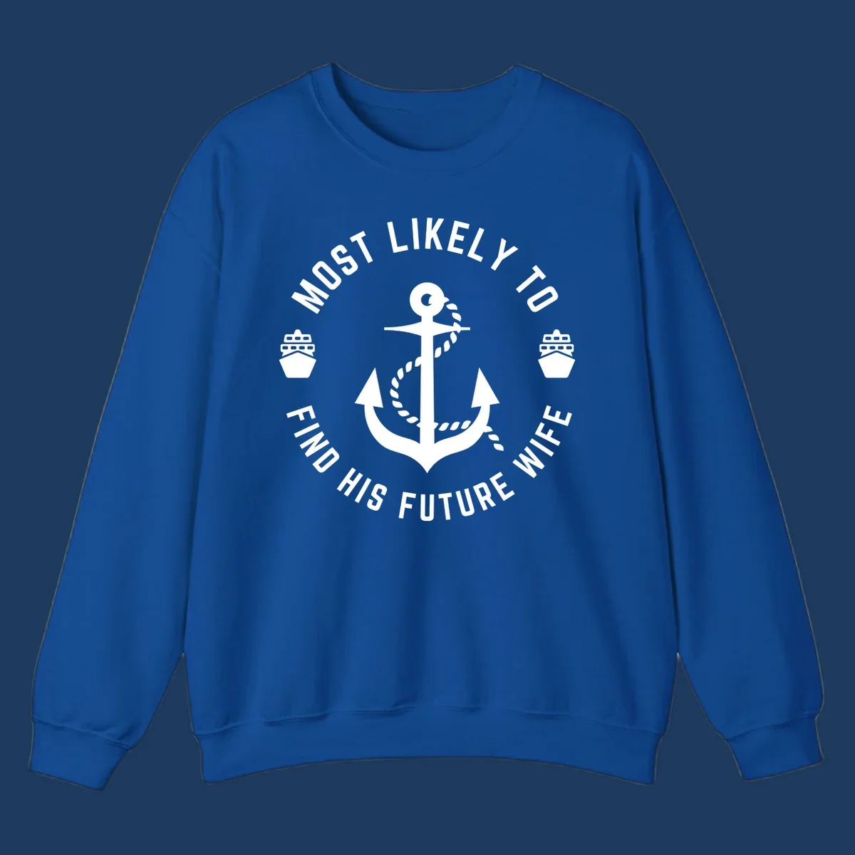 Anchor with rope and ship icons in circular badge design with text 'Most Likely To Find His Future Where' for cruise apparel