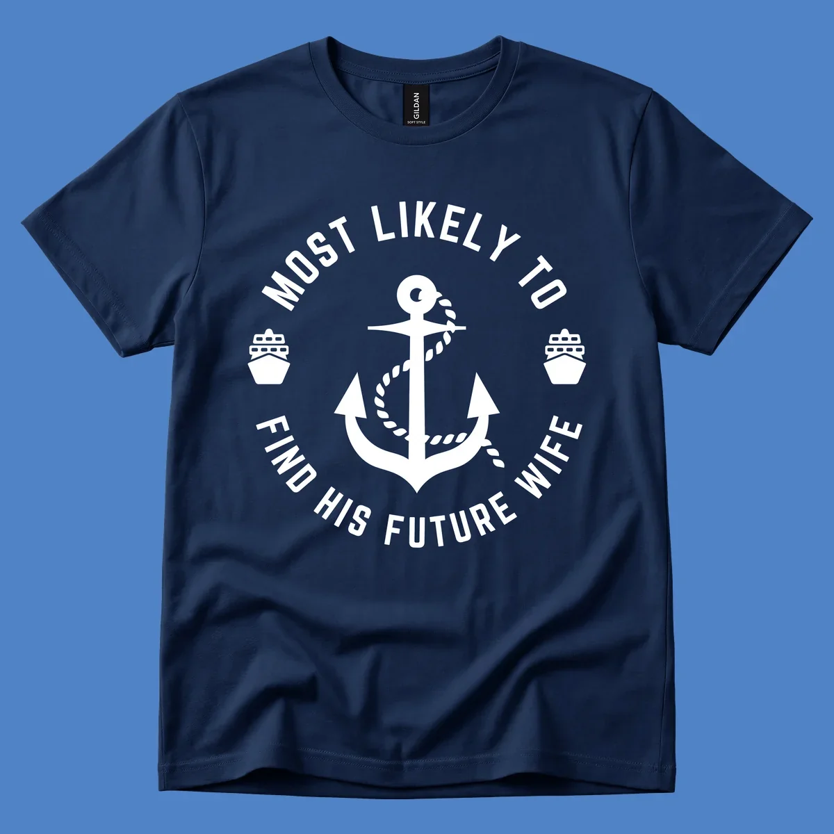 Anchor with rope and ship icons in circular badge design with text 'Most Likely To Find His Future Where' for cruise apparel
