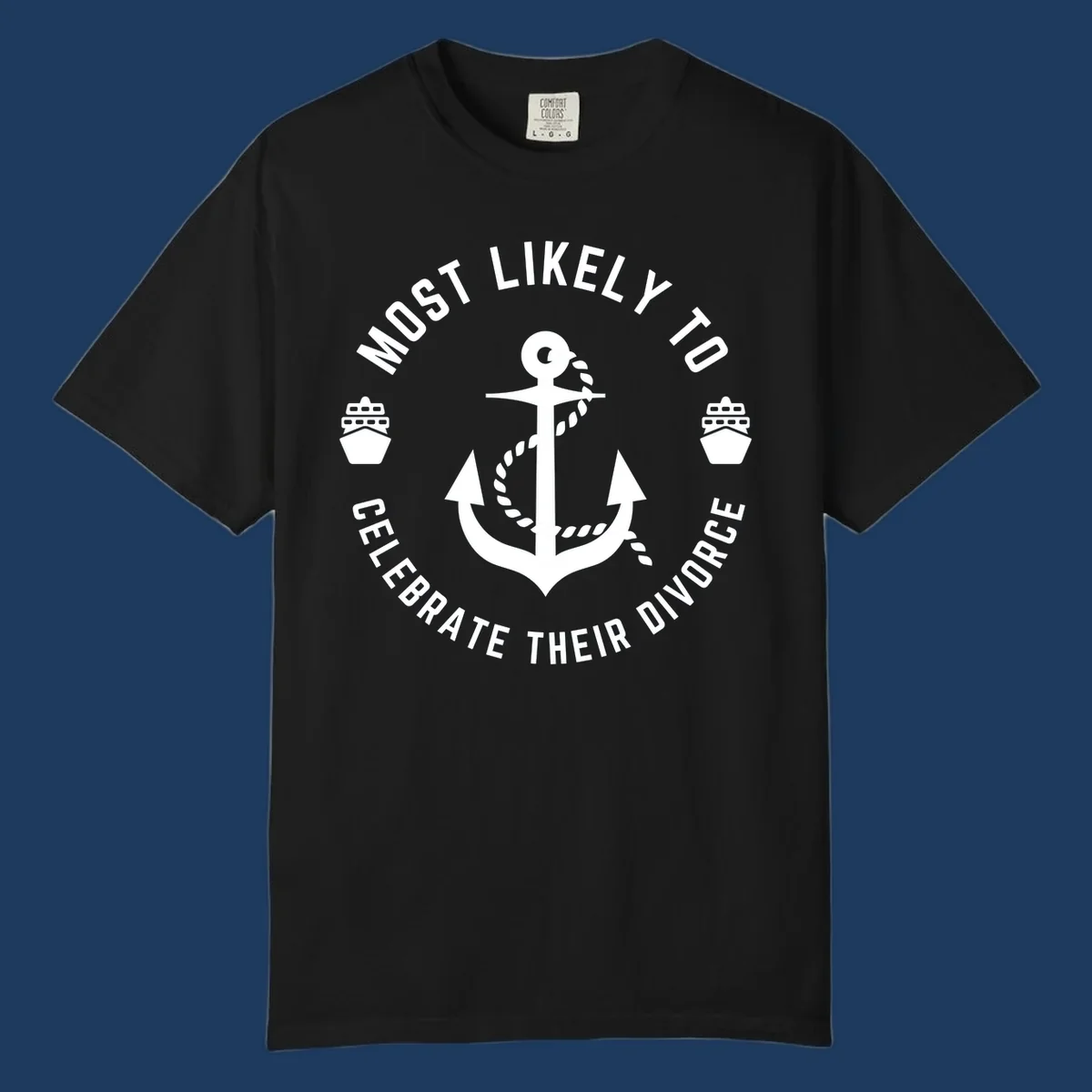 Divorce celebration cruise badge design with anchor, rope, and ships in circular text layout