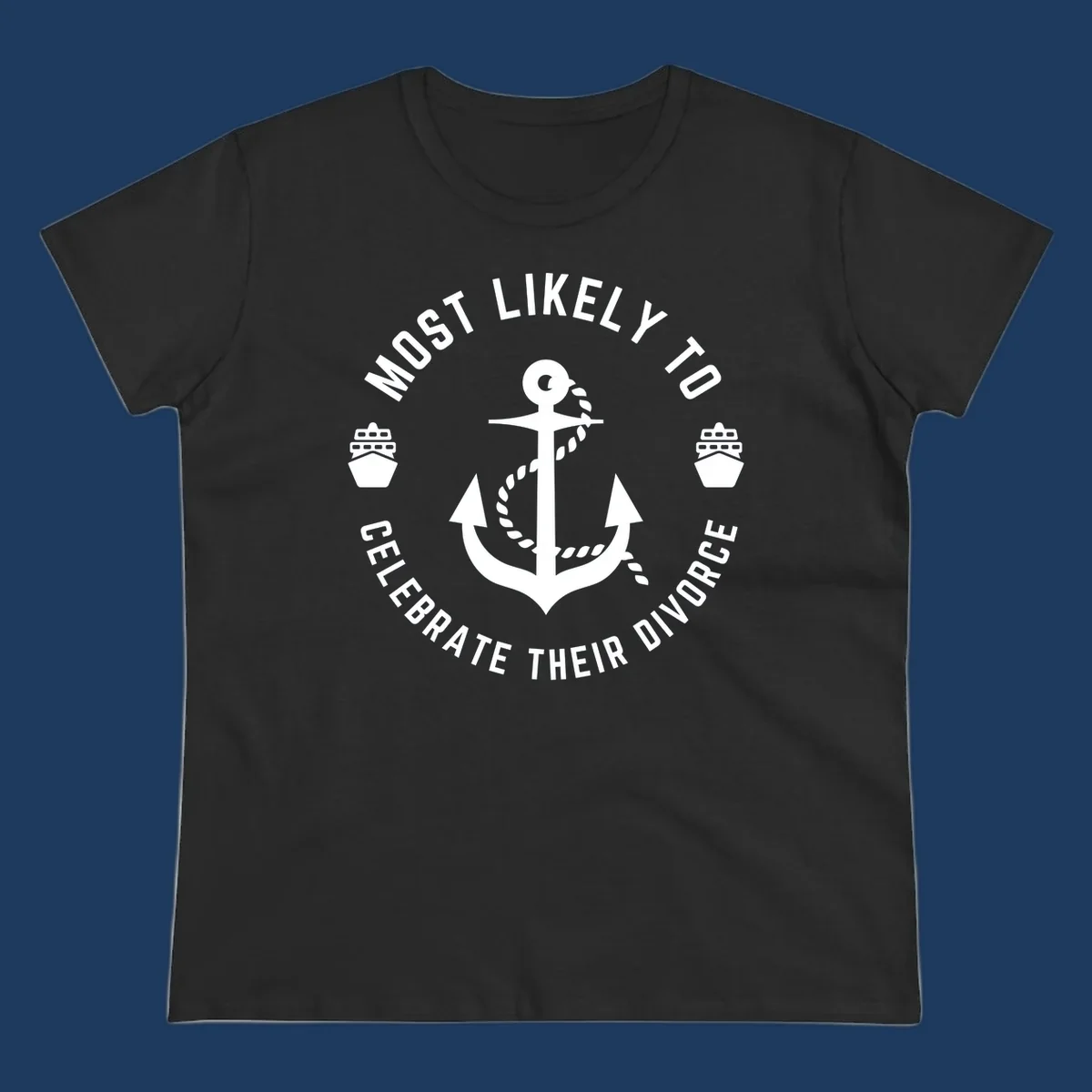 Divorce celebration cruise badge design with anchor, rope, and ships in circular text layout
