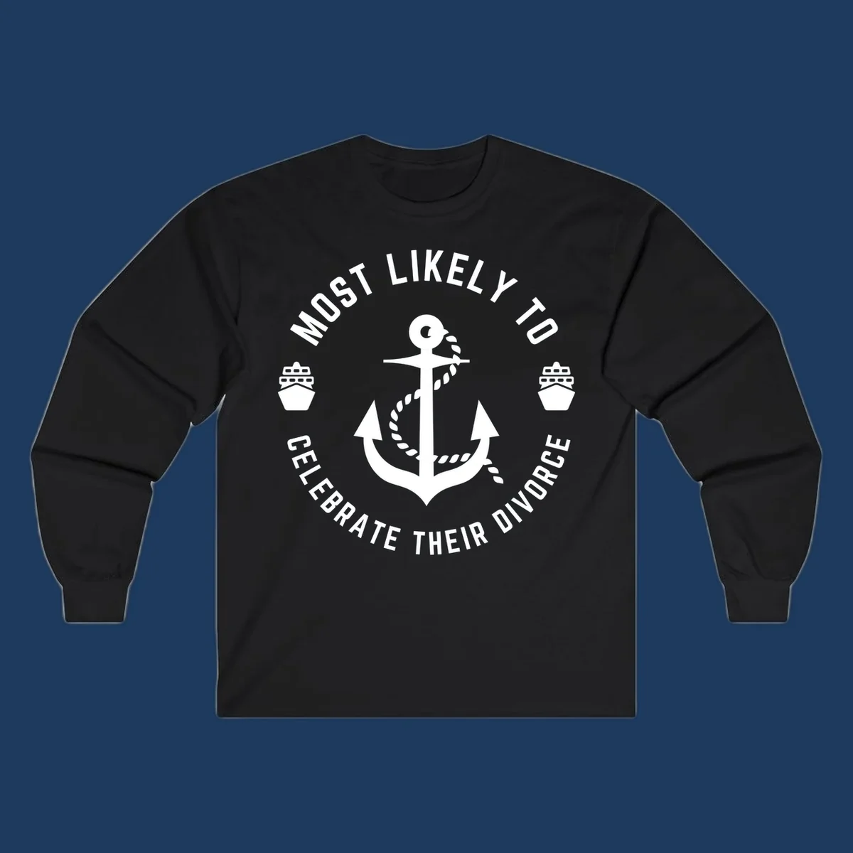 Divorce celebration cruise badge design with anchor, rope, and ships in circular text layout