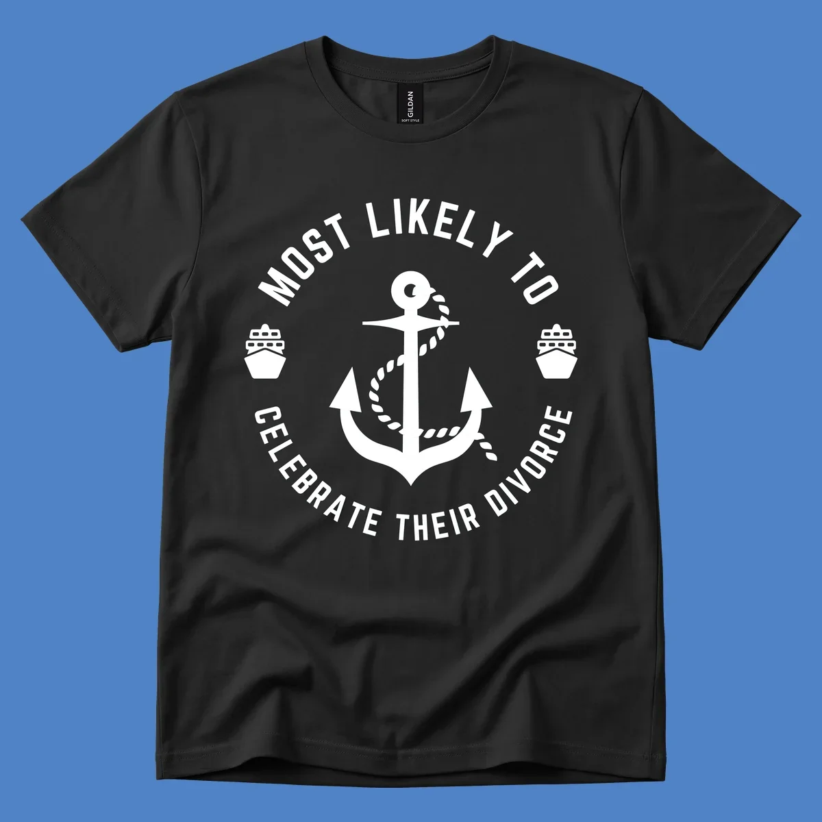 Divorce celebration cruise badge design with anchor, rope, and ships in circular text layout