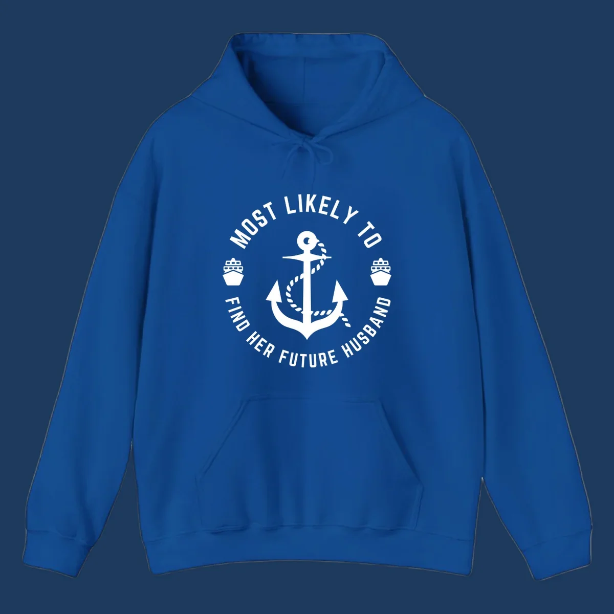 Nautical badge design with anchor and ships, text reads 'Most Likely To Find Her Future Husband' in circular formation