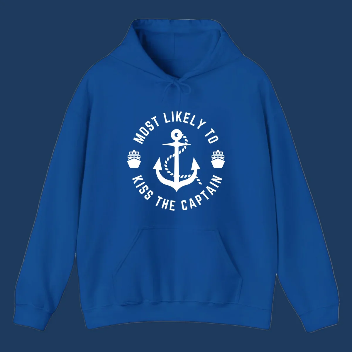 Nautical badge with anchor and cruise ships showing 'Most Likely To Kiss The Captain Ahoy' text