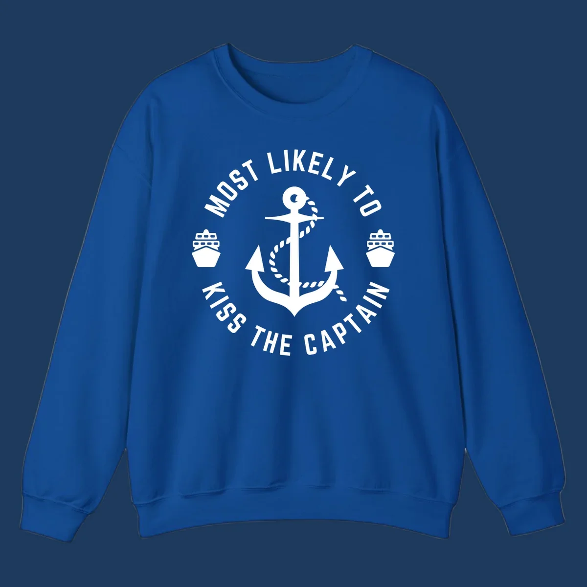Nautical badge with anchor and cruise ships showing 'Most Likely To Kiss The Captain Ahoy' text